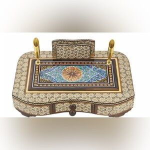 Hand Made Custom Khatam Tazhib Pen Holder with Small Drawer- hand painted - new